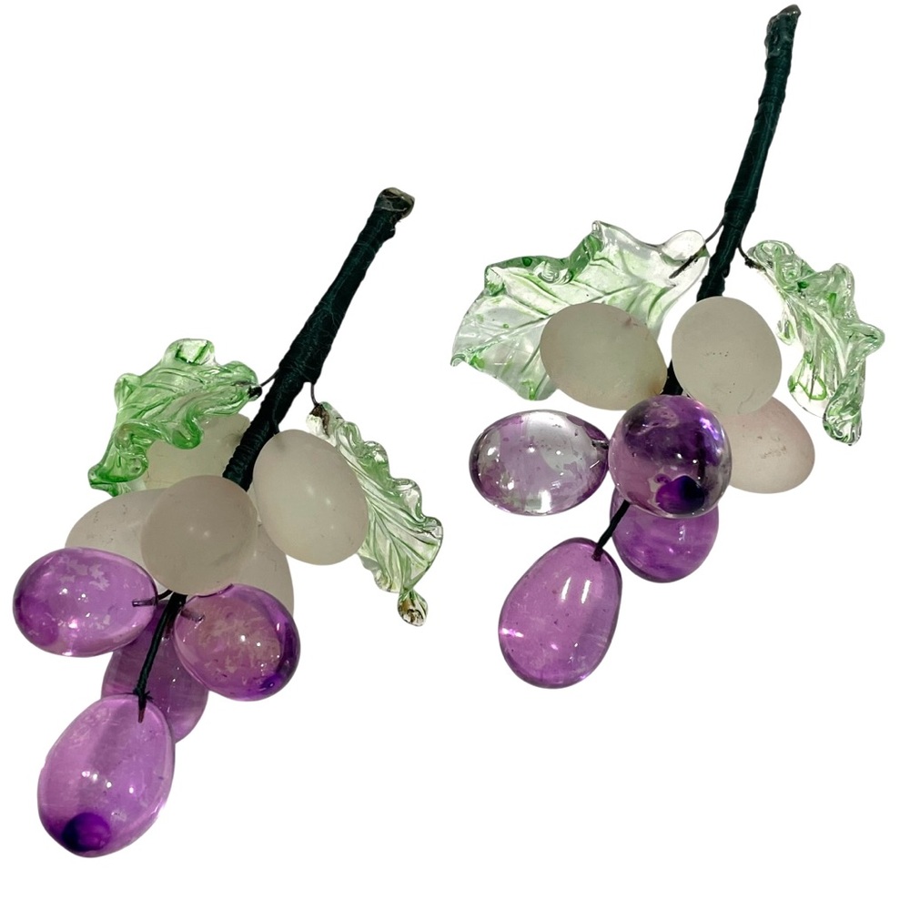 Vintage 1950s Purple Glass Chinese Grape Cluster with Leaves Green Art Glass